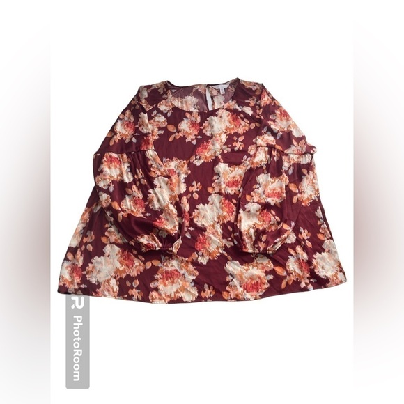 Plus size Lauren Conrad floral blouse mid sleeves puff sleeves 1 button neck - Picture 10 of 13